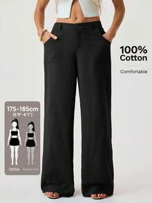 SHEIN Tall 100%水洗棉低腰直筒長褲 - 黑色 - 查看 8