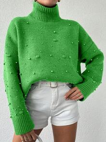 EURMUSE Women's Stand Collar Drop Shoulder Long Sleeve Sweater - Green - View 2