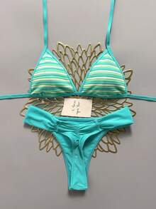 Swim Mod 女款 2 件式比基尼套裝，特殊紋理布料，三角綁帶上衣與抓皺比基尼褲，夏季海灘泳裝 - 藍色 - 查看 1