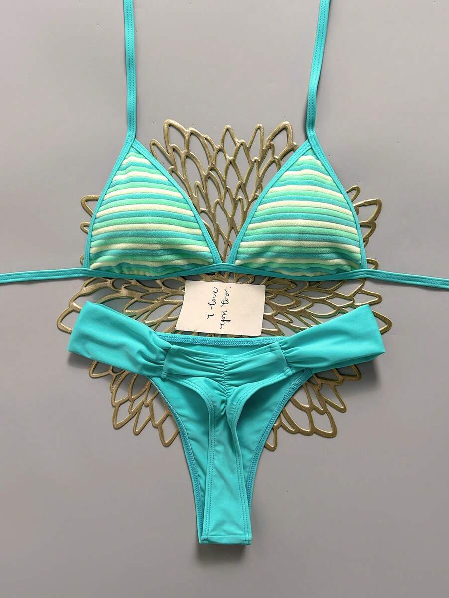 Swim Mod 女款 2 件式比基尼套裝,特殊紋理布料,三角綁帶上衣與抓皺比基尼褲,夏季海灘泳裝 - 藍色 - 查看 1