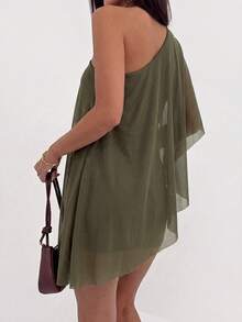 Aloruh Women's Solid Color One Shoulder Short Sleeve Ruched Fashion Mini Dress For Vacation Vacation Beach Olive Green Summer Sexy - Army Green - View 2