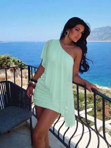 Aloruh Women's Solid Color One-Shoulder Mini Beach Vacation Dress For Vacation Mint Green Summer Sexy Tropical - Mint Green - View 8