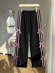SHEIN 四季通用女童甜美寬鬆休閒運動基礎百搭長褲，適合日常通勤、休閒度假、姐妹聚會、街拍 - 黑色 - 查看 3