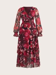 Reflora 大尺碼女款夏季長洋裝，優雅荷葉邊飾、短袖、花卉印花，飄逸浪漫派對洋裝，彈性面料 - 酒紅色 - 查看 5