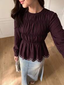 Solavon Women's Round Neck Long Sleeve Pleated Casual Blouse - Coffee Brown - View 3