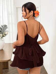 Lounesse Plus Size Women's Camisole Tank Top With Multi-Layer Ruffle Wave Design, Mid-Length, Versatile For Daily Wear, Vacation, Romantic Outings, Dates, Afternoon Tea, Apricot Color, Ins Style - Brown - View 2