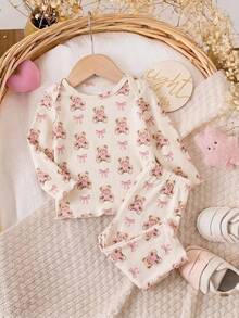 Conjunto de ropa de estar en casa de manga larga con estampado de dibujos animados y flores para bebé recién nacida - Multicolor - Ver 3