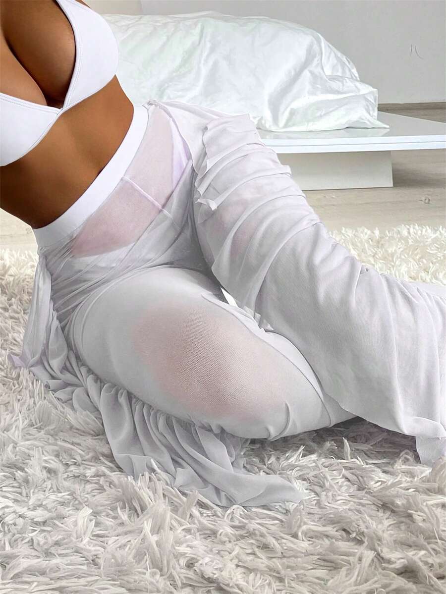 Swim SXY Solid Color Sheer Ruffle Cover Up And Long Pants - White - View 1