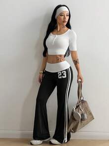 Coolane Pantalones largos acampanados versátiles de estilo vintage Y2K con cordón lateral para mujer, color negro, streetwear - Negro - Ver 5