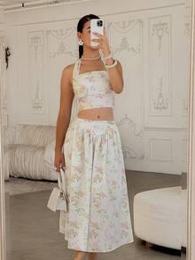 Andrea Bello Women's Ditsy Floral Backless Top And Skirt Set, Summer Outfit Elegant - Apricot - View 1