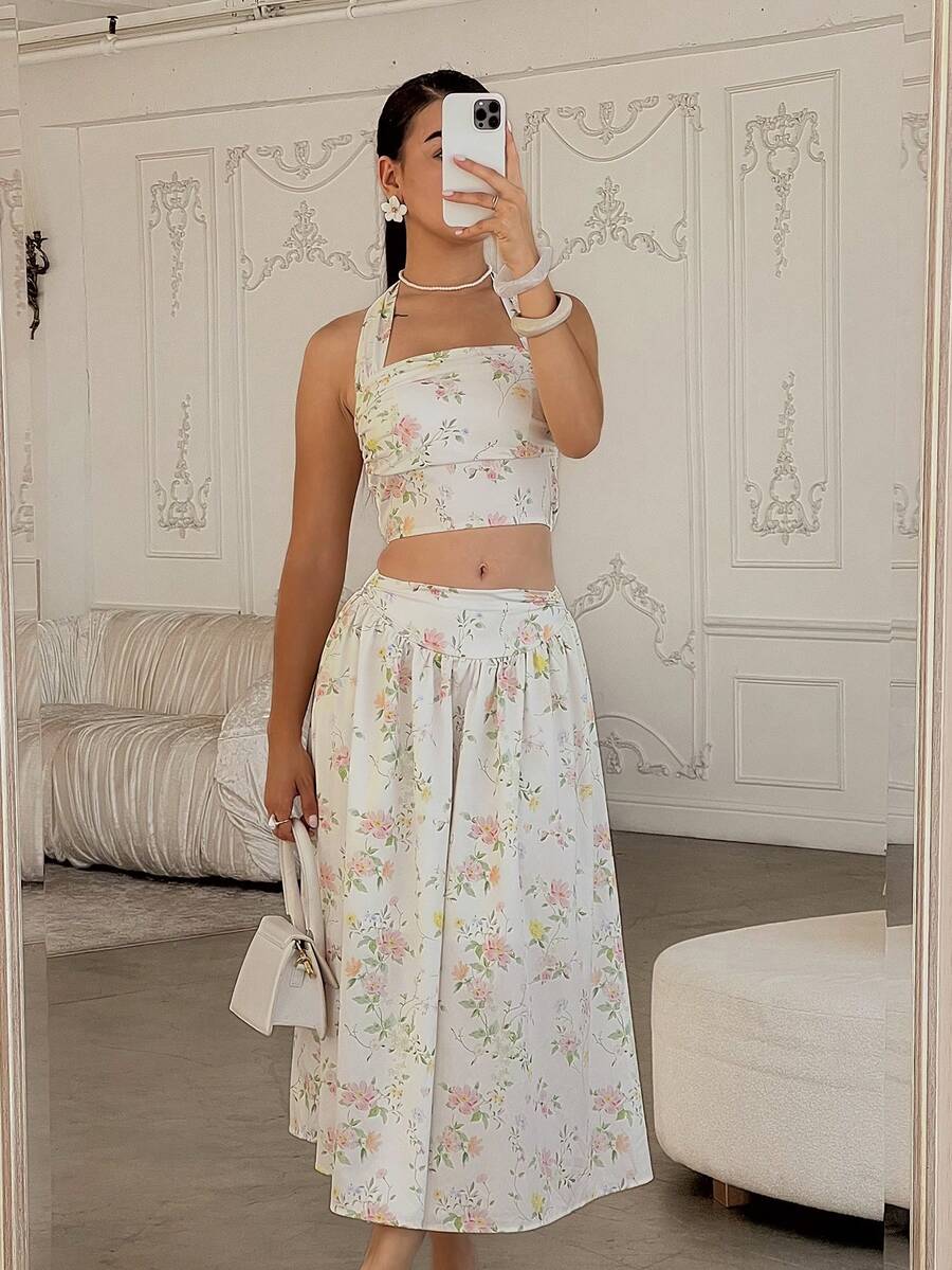 Andrea Bello Women's Ditsy Floral Backless Top And Skirt Set, Summer Outfit Elegant - Apricot - View 1