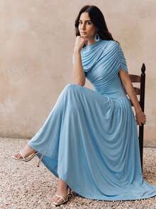 Anewsta Petite Women's Petite New Spring/Summer Elegant Vintage Ruched Fitted Draped Bodycon Waist-Cinching Long Dress For Party, Gathering, Banquet, Vacation - Blue - View 7