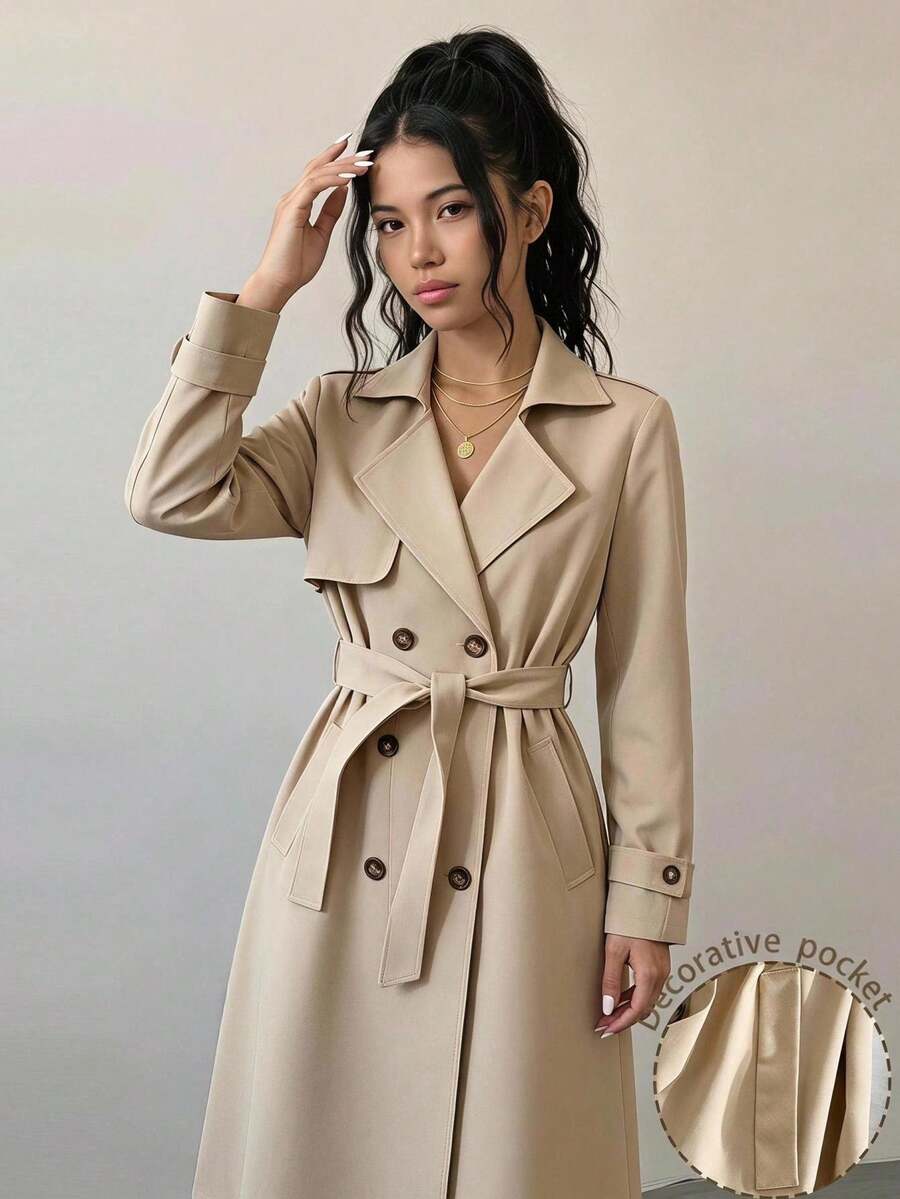 SHEIN 优雅舒适通勤百搭经典卡其色翻领袖口双排扣系腰风衣，适合少女