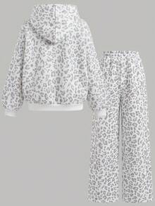 SHEIN 青少年女孩豹紋長袖拉鍊連帽外套與長褲休閒套裝 80年代老錢風 怪趣風 城市度假 白色 秋季 - 彩色 - 查看 2