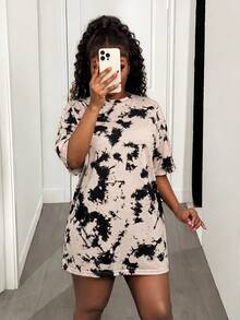 BamGleam Tie Dye Drop Shoulder Tee Dress - Black and White - View 4