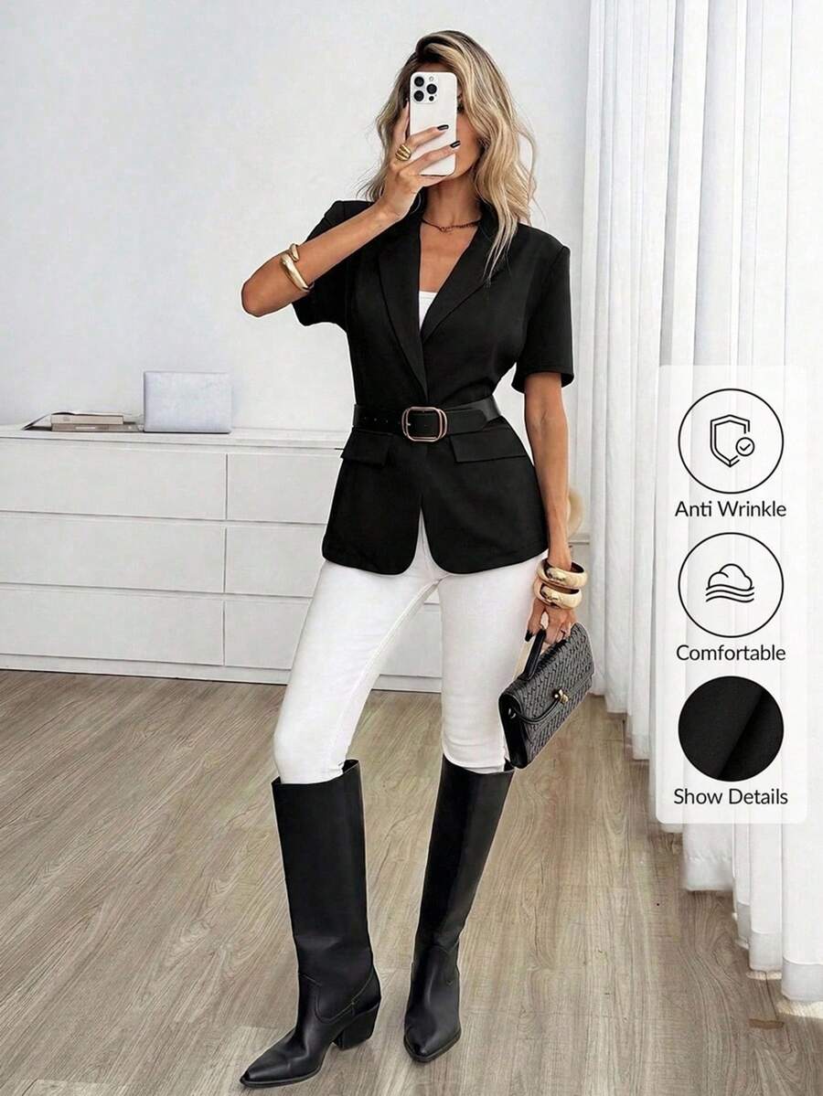 Easowa Women's Solid Color Lapel NeckShort Sleeve Casual Blazer - Black - View 1