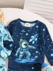 Cozy Pixies 男嬰睡衣 4件/套 柔軟針織太空人宇宙螢光圖案 圓領長袖上衣與長褲 修身居家休閒睡衣套裝 - 藍色 - 查看 6