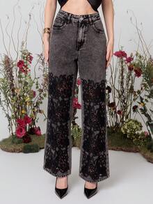 PRISCILA ESCOTO PRISCILA ESCOTO Women's High Waist Embroidered Hollow Out Loose Jeans, Fashionable For Spring/Autumn Carnival And Birthday Casual Vacation - Black - View 4