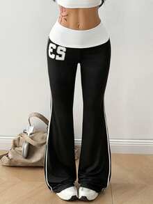 Coolane Pantalones largos acampanados versátiles de estilo vintage Y2K con cordón lateral para mujer, color negro, streetwear - Negro - Ver 4
