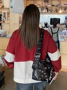 Dazy Plus Colorblock Patchwork Loose Street Casual Letter Print Red Jacket Spring Autumn - Red - View 4