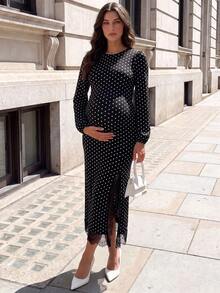 MaterniWear Elegant Maternity Commuter Polka Dot Print Lace Patchwork Dress Fall - Black - View 4