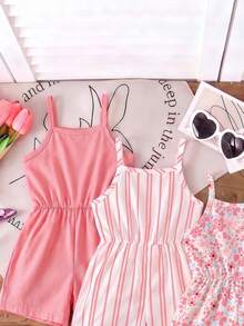 SHEIN Playful Pals 3件套女童夏季新款2026碎花条纹印花连体衣，简约百搭度假风连体裤 - 彩色 - 查看 5