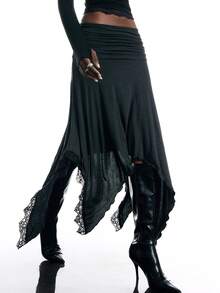 LYSMO Women's Solid Color Waist Pleated Contrast Lace Asymmetric Hem Fashion Skirt Everyday Night Blackness Summer Casual Grunge - Dark Grey - View 4