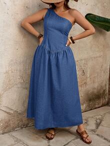 SHEIN EMERY ROSE CURVE Vestido de mezclilla versátil con un hombro y fruncido para talla grande - Azul lavado medio - Ver 6