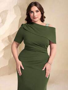 Coutiva Plus Size Women's Solid Color Asymmetrical Neck Short Sleeve Ruched Fishtail Hem Elegant Formal Evening Gown - Olive Green - View 3