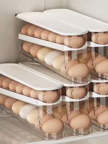 1pc Automatic Double Layer Egg Rack Holds 12 To 14 Eggs Hinge Sliding Design Keep Eggs Fresh Non Food Contact Plastic Material Fridge And Kitchen Storage Organizer - Multicolor - View 2