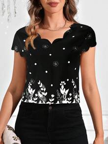 SHEIN Clasi 波浪领印花女式短袖衬衫、无袖上衣 - 黑色 - 查看 4