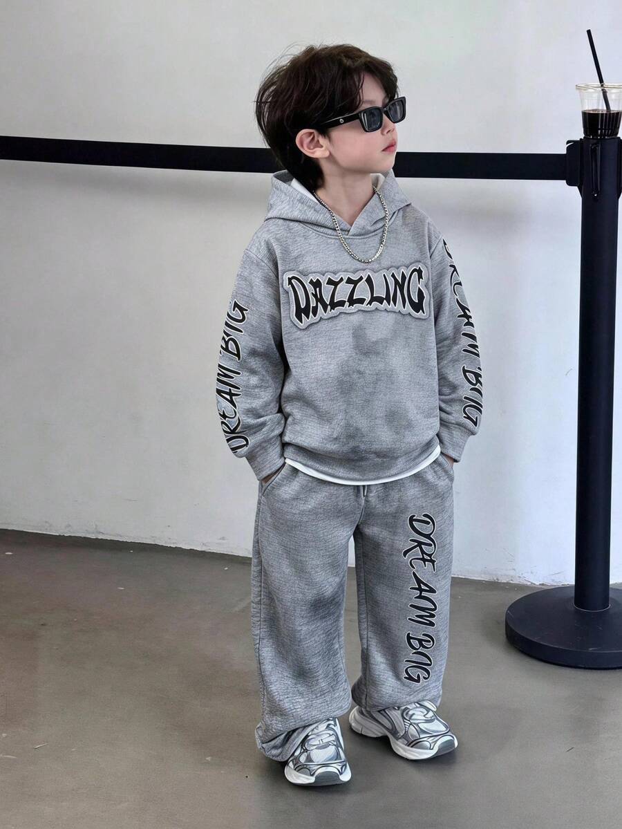2pcs Kids Young Boys Casual Streetwear Korean Style Snowflake Print Hoodie Long Sleeve Sweatshirt And Elastic Waist Sweatpants Set, Suitable For Back To School, Birthday, Baby Shower, Holiday Party, Autumn/Winter - Grey - View 1