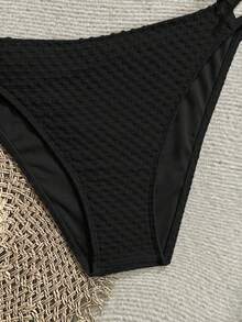 Kids Teen Girls Black Spaghetti Strap Textured Shell Decor Bikini Set,Summer Beach Holiday Backless Triangle Swimwear,Boho - Black - View 7