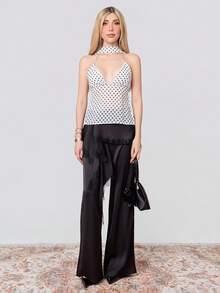 SHEIN x Luisa Sonza PRISCILA ESCOTO PRISCILA ESCOTO 2026 New Arrive Minimalism Spring/Summer Women's Lace Patchwork Ruffle Hem Casual Versatile Commuting Wide Leg Wide Leg Pants Lace Trim Pants Black - Black - View 1