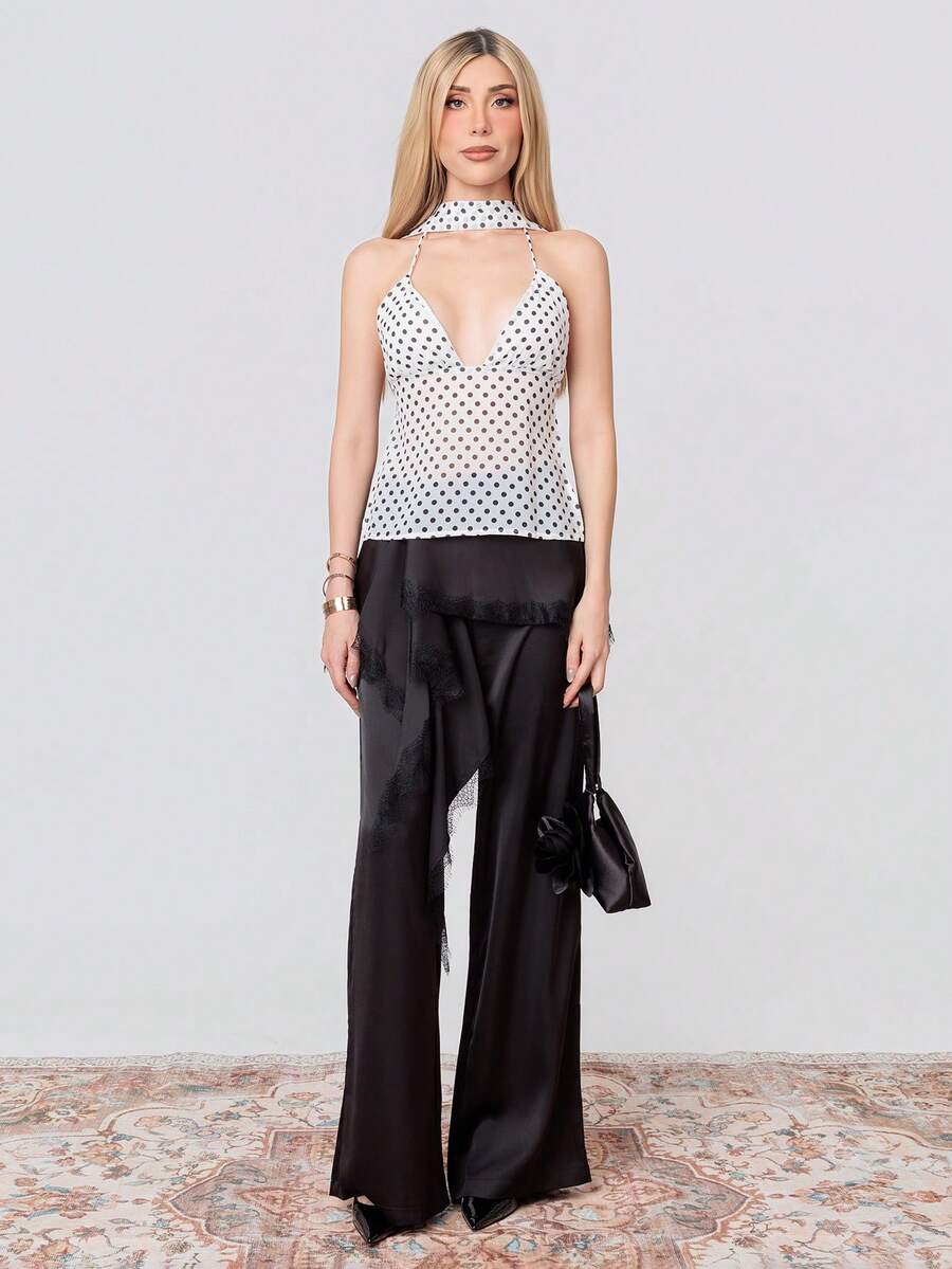 SHEIN x Luisa Sonza PRISCILA ESCOTO PRISCILA ESCOTO 2026 New Arrive Minimalism Spring/Summer Women's Lace Patchwork Ruffle Hem Casual Versatile Commuting Wide Leg Wide Leg Pants Lace Trim Pants Black - Black - View 1