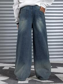 SHEIN Kids Tween Boy Wide Leg Loose Casual Versatile Denim Jeans With Pockets - Dark Wash - View 2