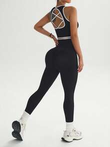 SHEIN Velisys Women's Colorblock Cropped Top And Leggings Casual Daily Sports Set - Multicolor - View 2