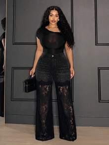 Slaydiva Plus Size Fashion Street Sequin Lace Patchwork Button Denim Jeans,Black Rhinestone Lace Panel Flare Jeans,Y2K ,Halloween,Christmas,Elegant,New Year - Black - View 3