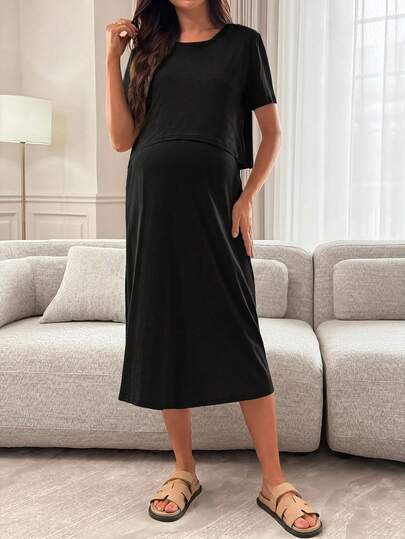 Slowluna Maternity Solid Color Nursing Function Casual Daily Wear Dress
