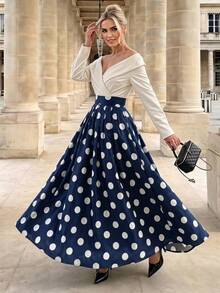 Anewsta Fall Classic 1960s Vintage Elegant Retro Polka Dot Holiday Party A-Line Skirt For Women Blue - Navy Blue - View 6