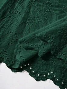 Rusticease 大尺碼女款森林綠棉質刺繡圓領短袖落肩寬鬆休閒上衣 2026秋季時尚 - 墨綠色 - 查看 5