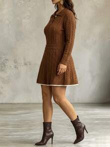 Linhara CURVE Plus Size Women's Knit Sweater & Skirt Set With Shell Buttons, Solid Color Ribbed Collar, Elegant Casual Style For Daily Commute, Office And Vacation - Khaki - View 6