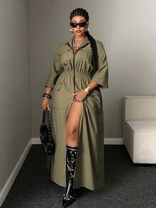 Mawevolt Plus Size Army Green Cinched Waist Double Zipper Cargo Pocket Shirt Dress, 3/4 Sleeve Collared Dress Fall - Army Green - View 6