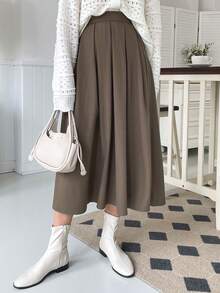 DAZY Falda plisada de unicolor versátil y de moda para ir al trabajo - Marrón Mocha - Ver 4