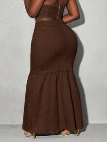 Slaydiva Plus Size Front Button Fishtail Extra Long Denim Skirt - Mocha Brown - View 3