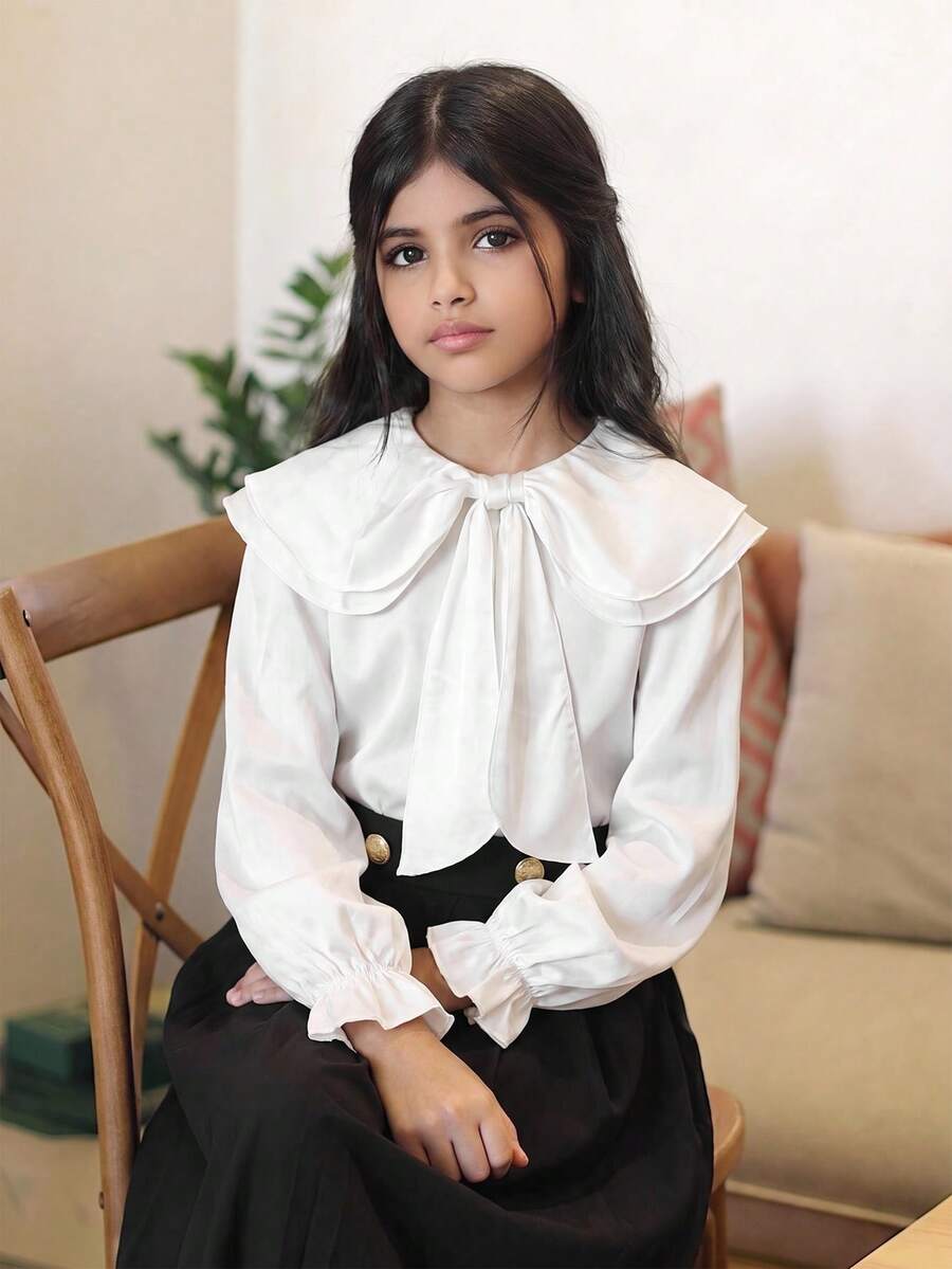 SHEIN Tween Girl Kids Loose Casual Minimalist Comfortable Ruffle Bow Tie Strap Shirt Back To School - White - View 1