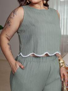 Bibi Tomais Plus Size Casual Sleeveless Top And Pants 2 Pieces Set Elegant Summer - Green - View 5