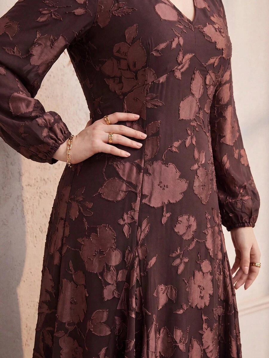 MOTF PREMIUM WOMEN'S PLUS SIZE JACQUARD FLARE HEM BOHEMIAN STYLE DRESS FALL - Coffee Brown - View 2