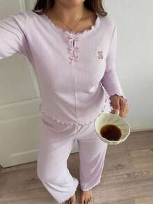 Dazy Plus Cartoon Print Bow Long Sleeve Top & Pink Long Pants 2-Piece Pajama Set, Spring/Autumn - Pink - View 3
