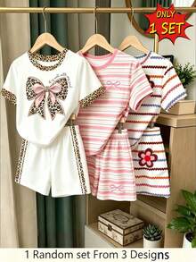 1 Random Set From 3 Designs, Girls' Summer New Sweet Cool Outfit Leopard Bow/Pink Stripe/Colorful Stripe Multi-Style T-Shirt + Shorts 2 Pieces Set Casual Versatile Daily Summer Wear - Multicolor - View 1